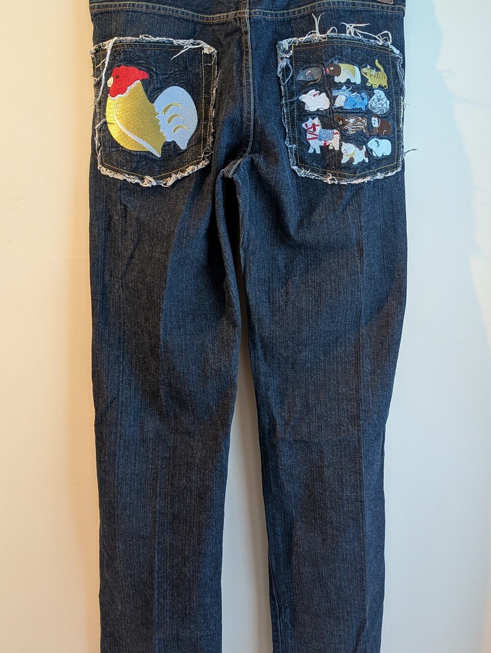 Rare Chinese Zodiac Blue Men’s Jeans with Colorful Back Pocket Appliqués